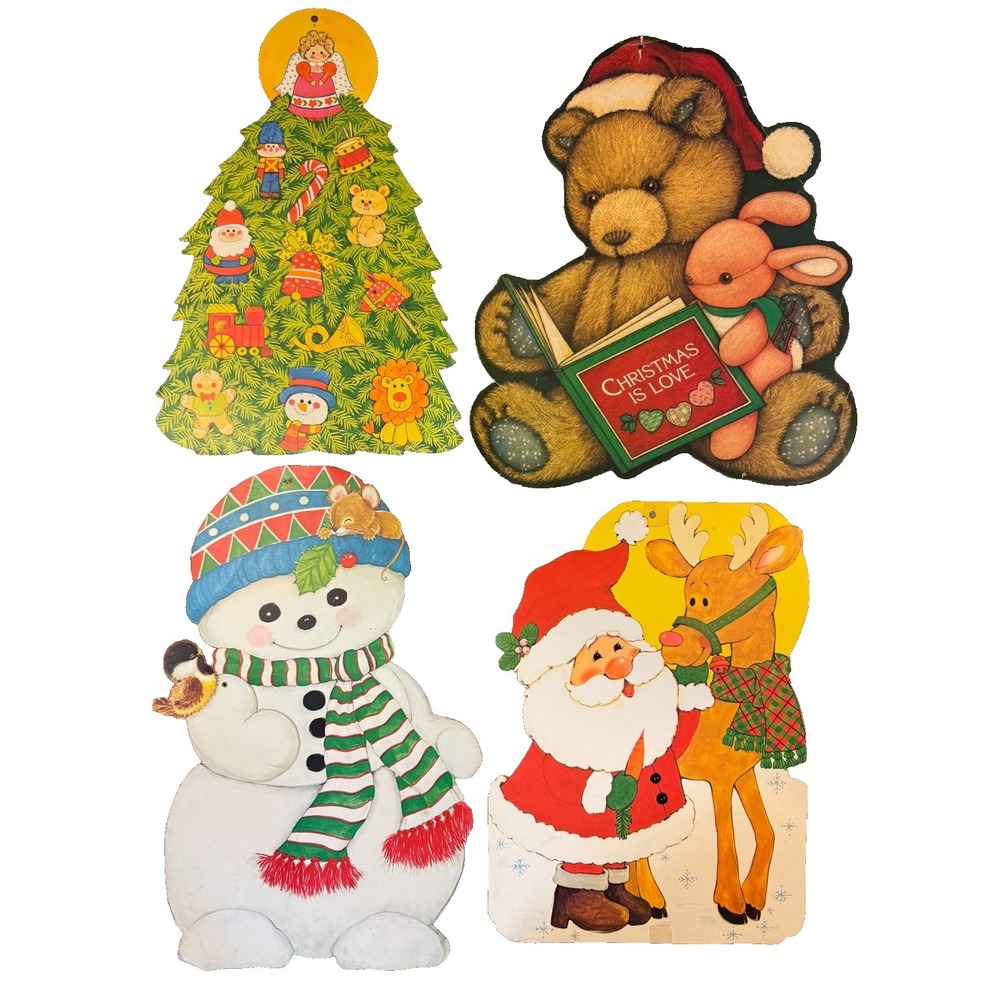 VTG Christmas Paper Cardboard Wall Decorations Die Cut Lot Santa Snowman Teddy